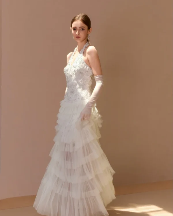 hand beaded v neck tiered couture dress (with gloves)