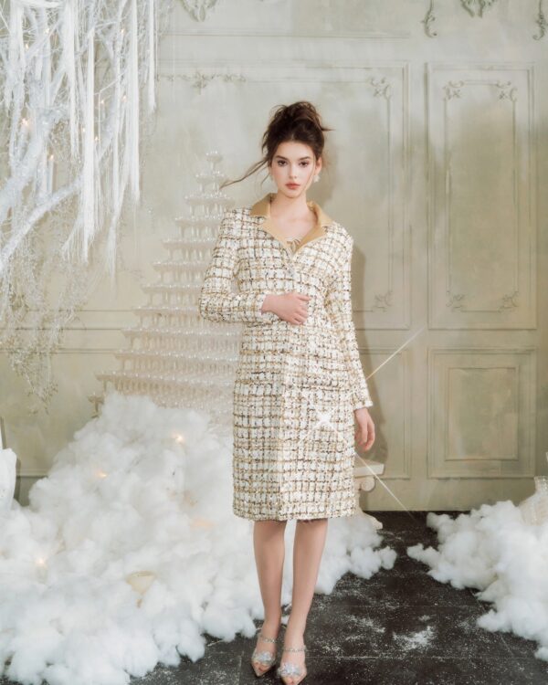 Sequin-Embroidered Check Coat