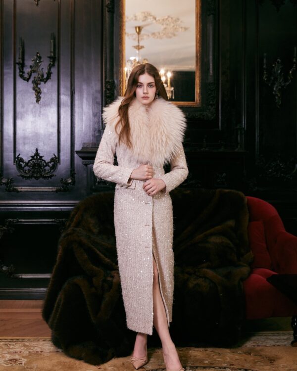 Beaded Tweed Tan Lamb Fur Coat