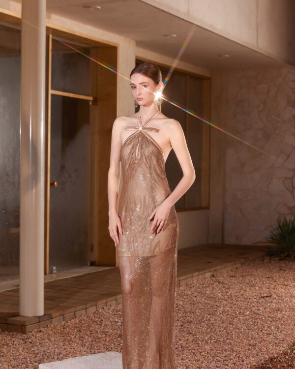 Golden Crystal Halter Bow Dress