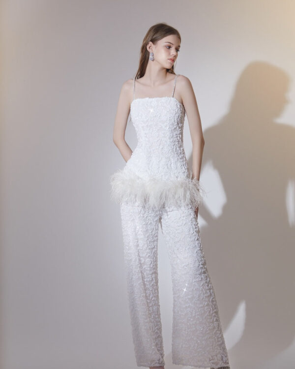 Sequin Feather Crystal-Chain Embellished Set