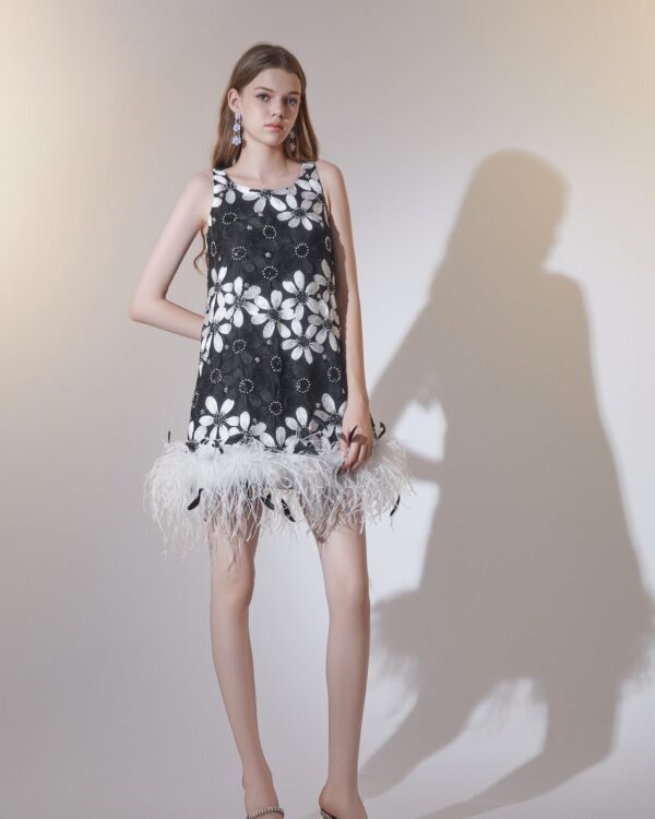 Monochrome Floral Embroidered Feather Dress