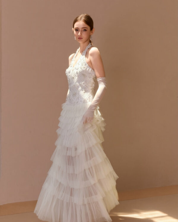 Hand-Beaded V-Neck Tiered Couture Dress (with Gloves)