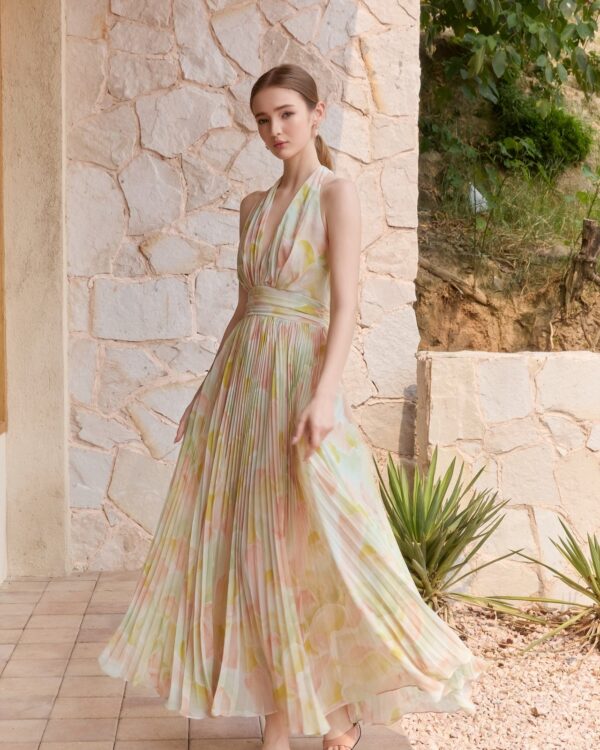 Resort Chiffon Pleated Deep-V Dress