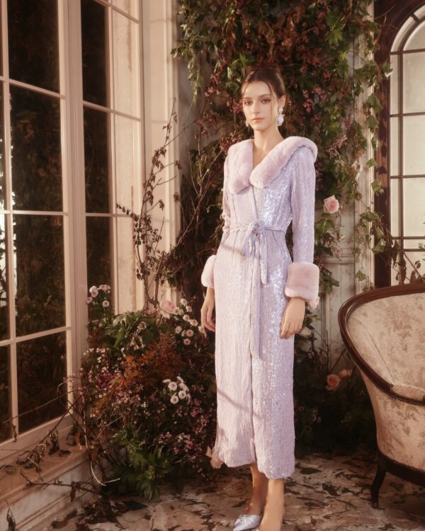 Velvet Beaded Fur-Collar Long Coat (Rex Rabbit Fur)