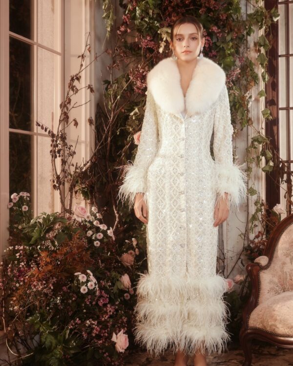 All-Over Pearl Beaded Feather Fox Fur Coat