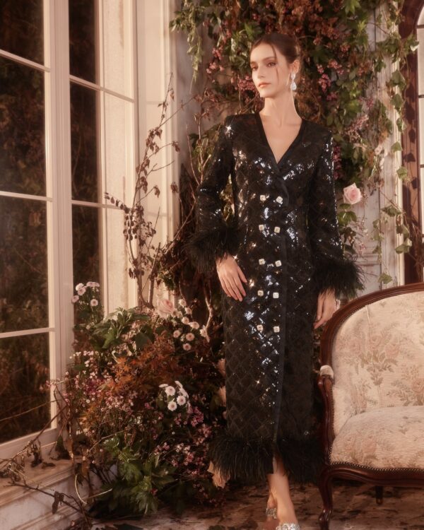 Double-Breasted Diamond Beaded Ostrich Feather Coat