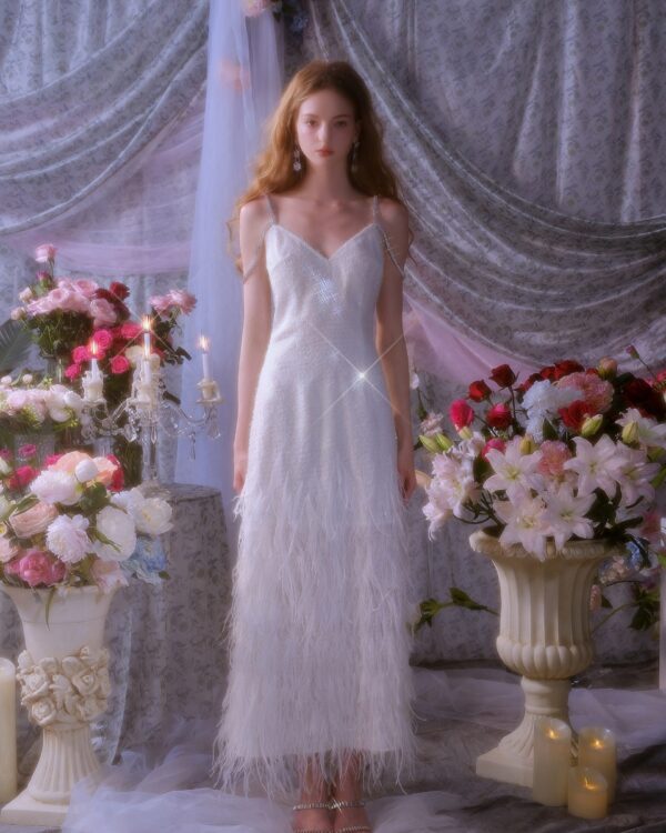 Iridescent Sequin Feather Crystal V-Neck Dress