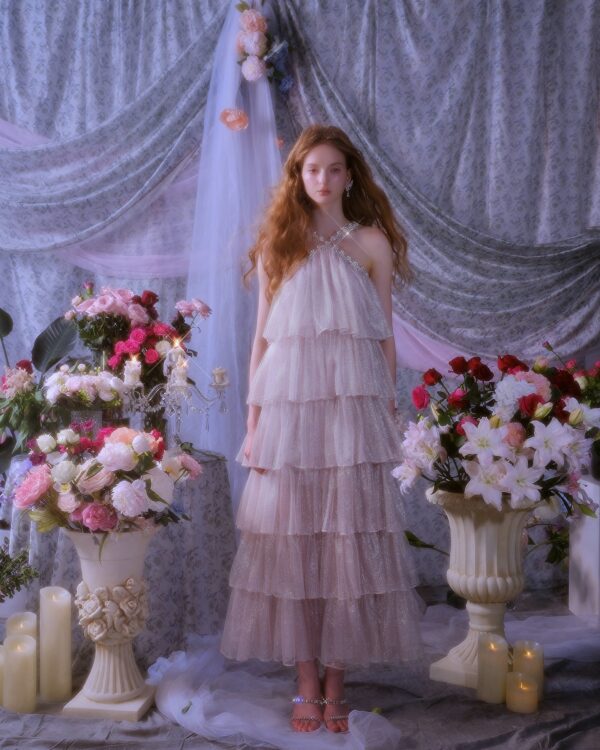 Tiered Crystal-Chain Cake Dress