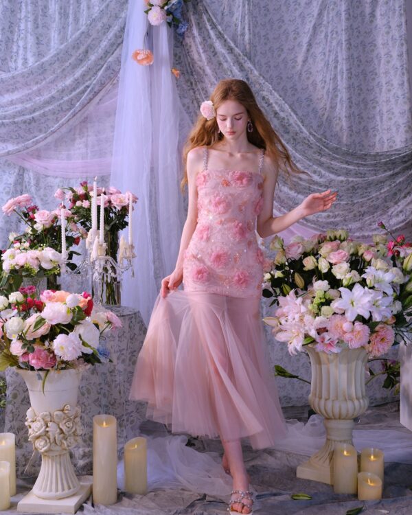 3D Floral Beaded Tulle Crystal Dress