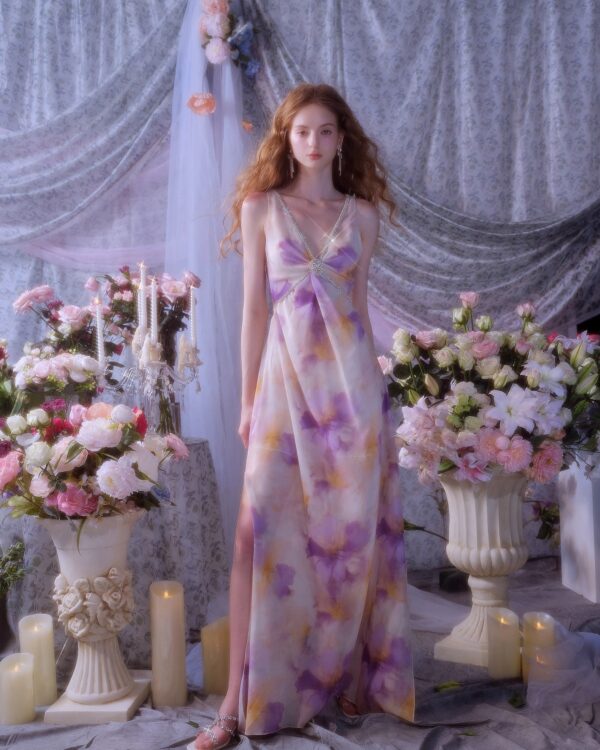 Oil-Painting Print Crystal-Chain Dress