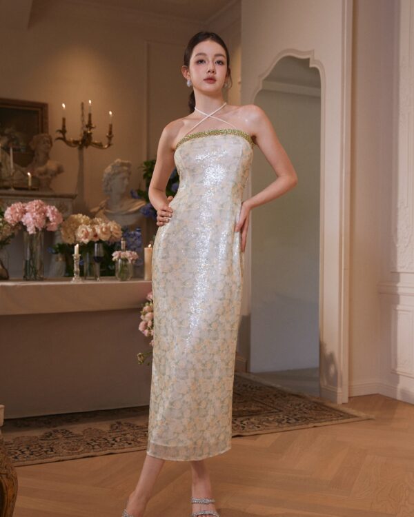 Abstract Printed Crystal-Chain Dress