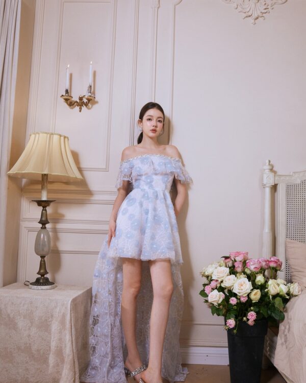 Floral Crystal-Chain Off-Shoulder Dress