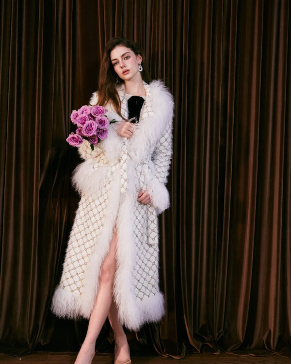Multicolor Beaded Tweed Tan Lamb Fur Coat