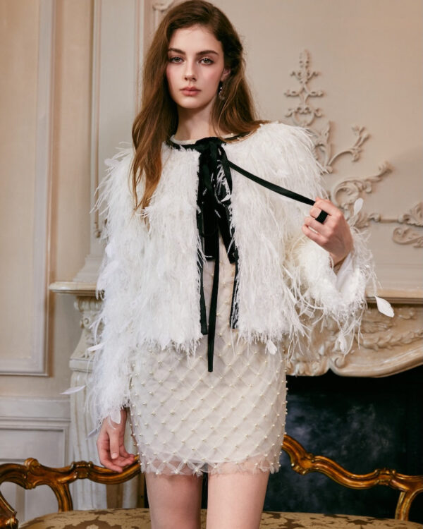 Feathered Bow-Tie Cropped Jacket