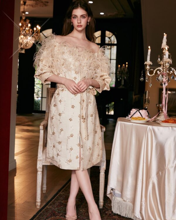Hand-Beaded Feather Off-Shoulder Coat