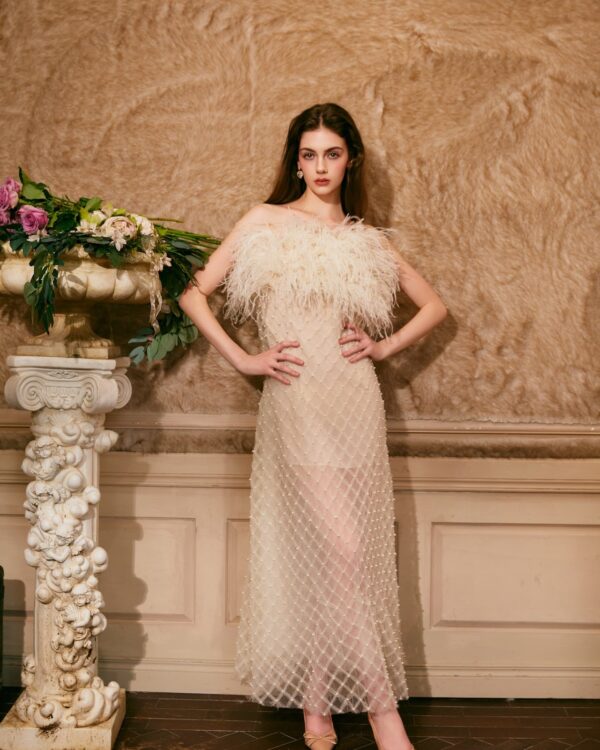 Pearl-Embellished Strapless Couture Gown