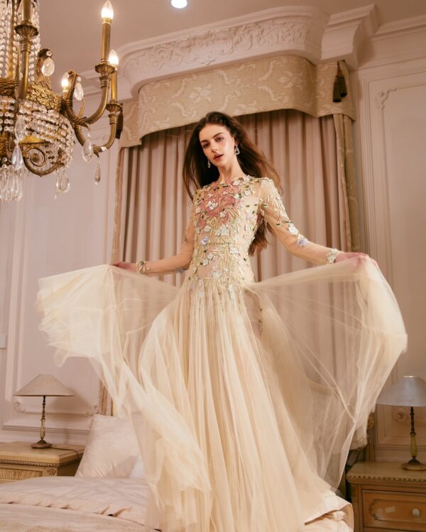 Hand-Embroidered Petal Volume Long Sleeve Gown
