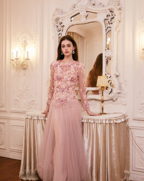 Hand-Embroidered Petal Volume Long Sleeve Gown (Couture Edition)
