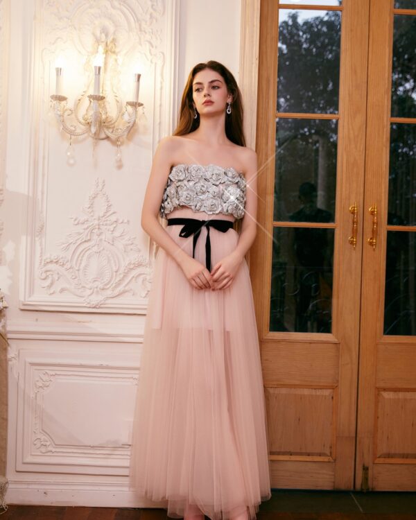 Fully Hand-Crystal Rose Strapless Gown