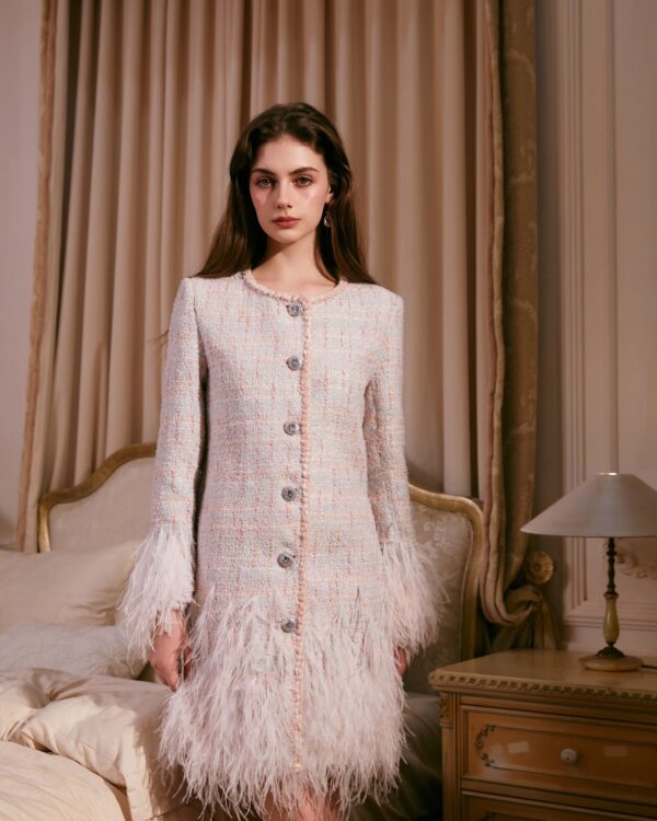 Color Feather Trimmed Tweed Jacket