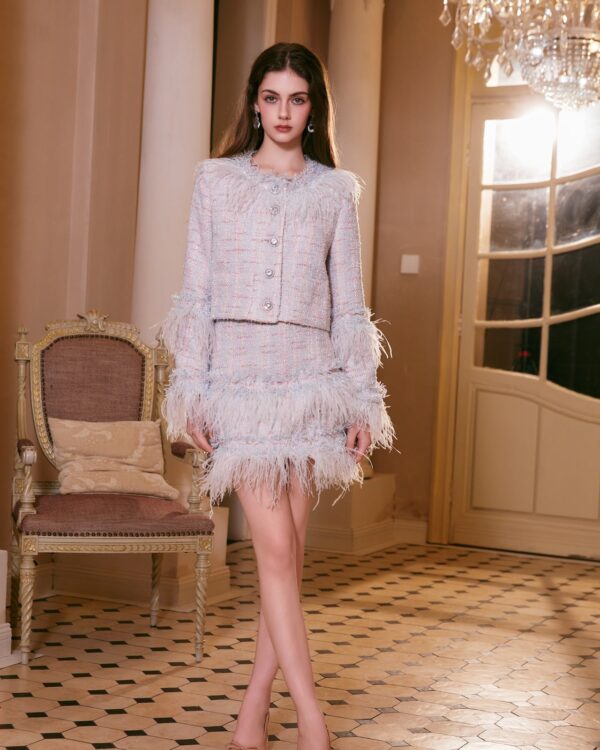 Soft Mist Blue Feathered Couture Tweed Suits