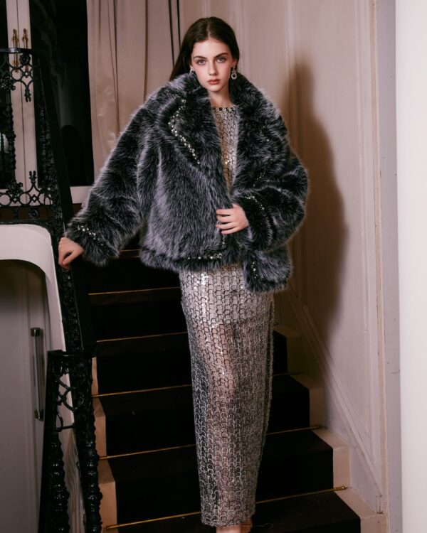 Embellished Monochrome Faux Fur Cropped Jacket