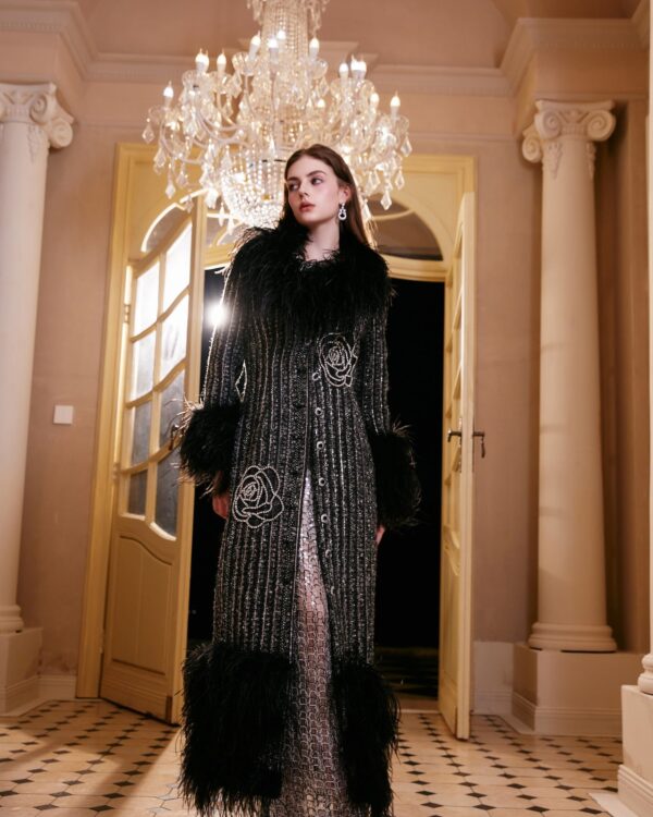 All-Over Beaded Rose Ostrich Fur Coat