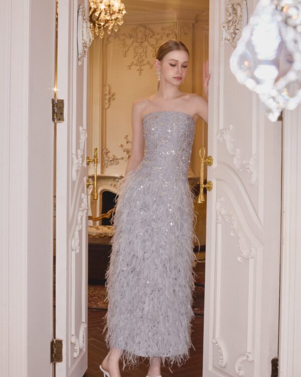 Luminous Beaded Lace Feather Strapless Dress