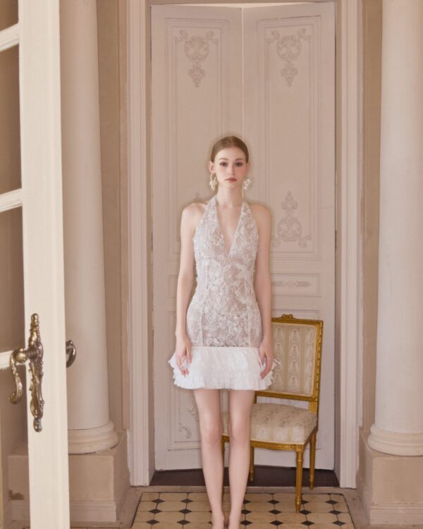 Heavy Beaded Halter V-Neck Dress