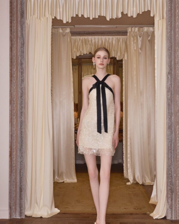 Gilded Cross-Bodice Mini Dress