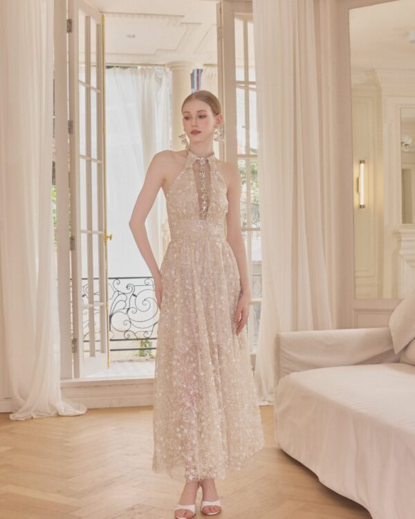 Hand-Cord Beaded Lace Halter Dress