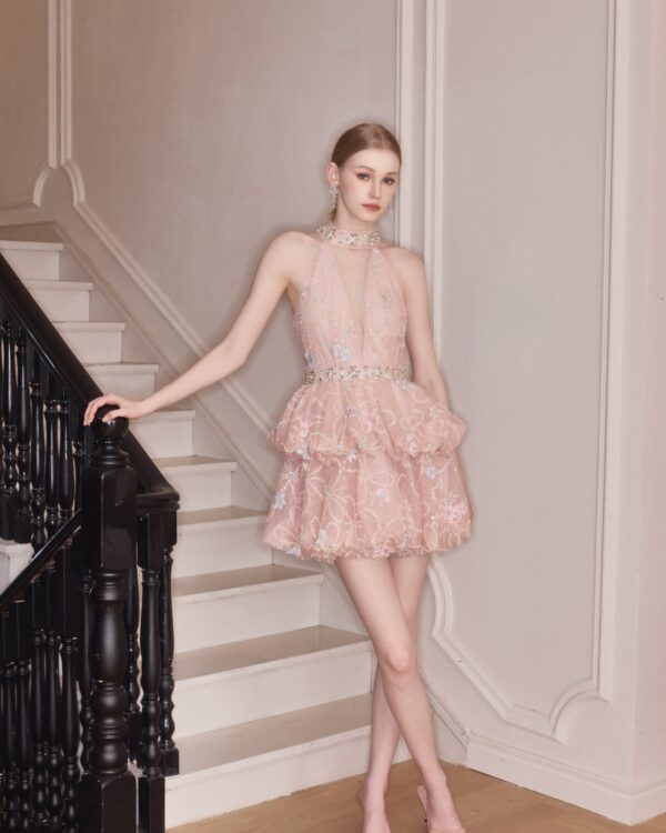 Embroidered Sequin Deep-V Bubble Dress