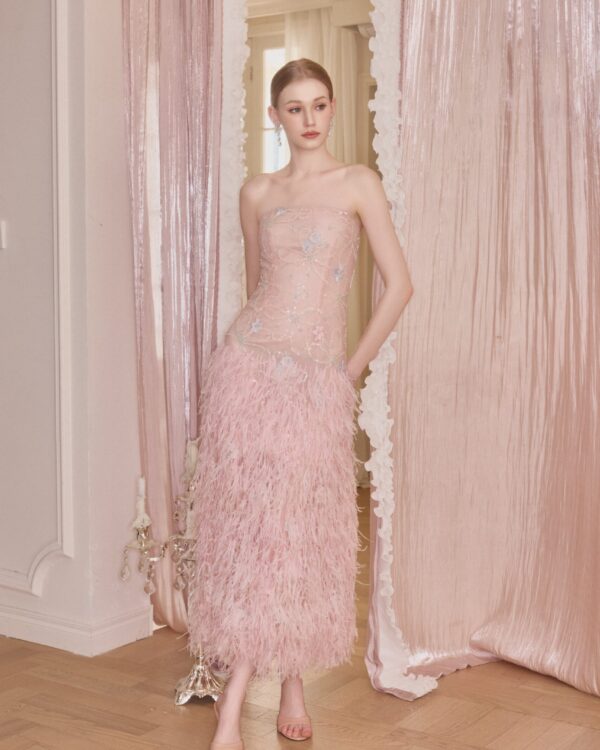Heavy Embroidered Feather Strapless Dress