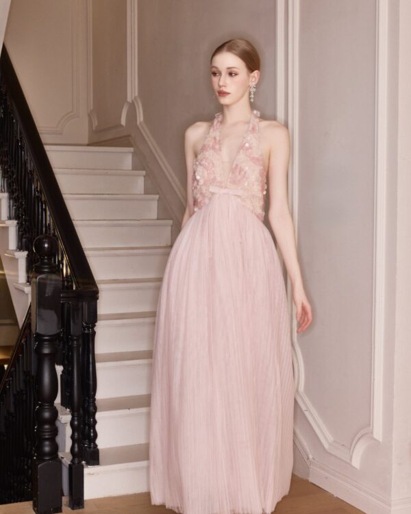 Pleated Tulle Sequin Deep-V Dress