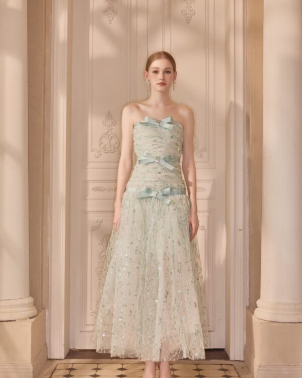 Emerald Mist Tulle Beaded Bow Strapless Dress