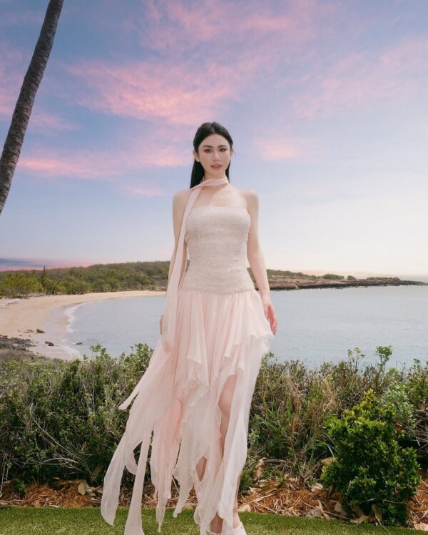 Blush Iridescent Strapless Asymmetrical Dress